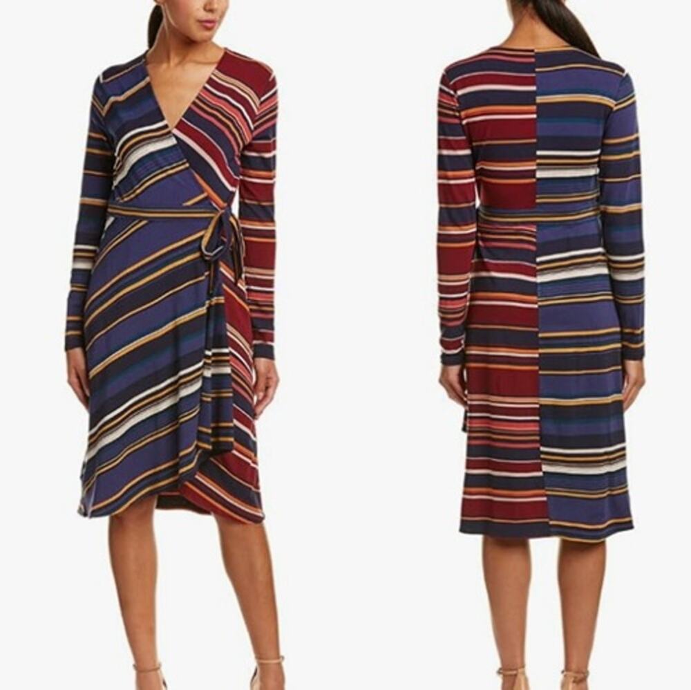 BCBG Maxazria Gracee Knit Asymmetrical Striped Wrap Dress Womens Small Patchwork
